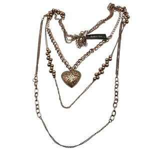 Multi Strand Layered Necklace Antique Copper Tone Filigree Heart Boho Statement